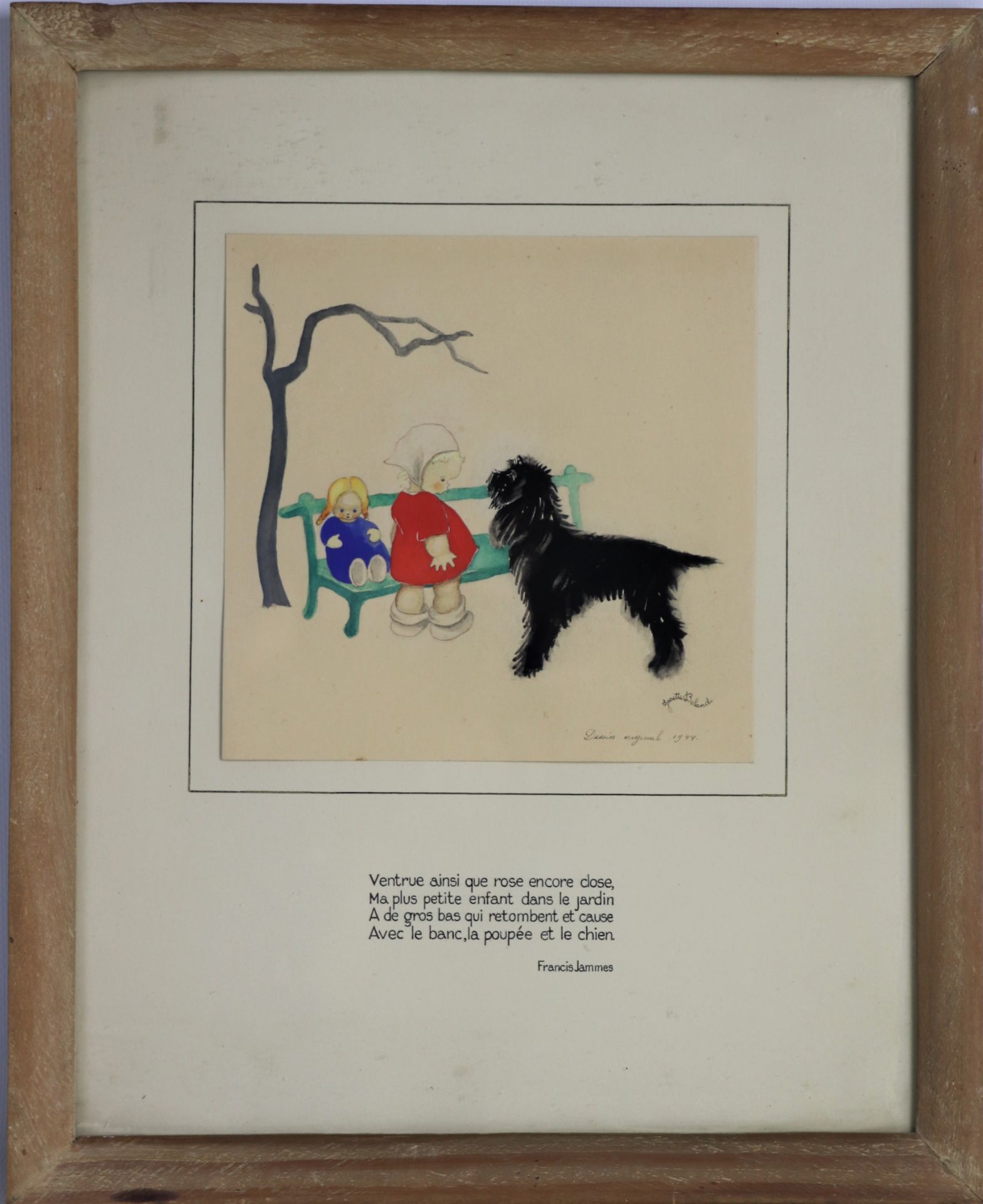 Josette BOLAND (née en 1920). Chien, enfant et poupée sur un banc. Encre et [...]