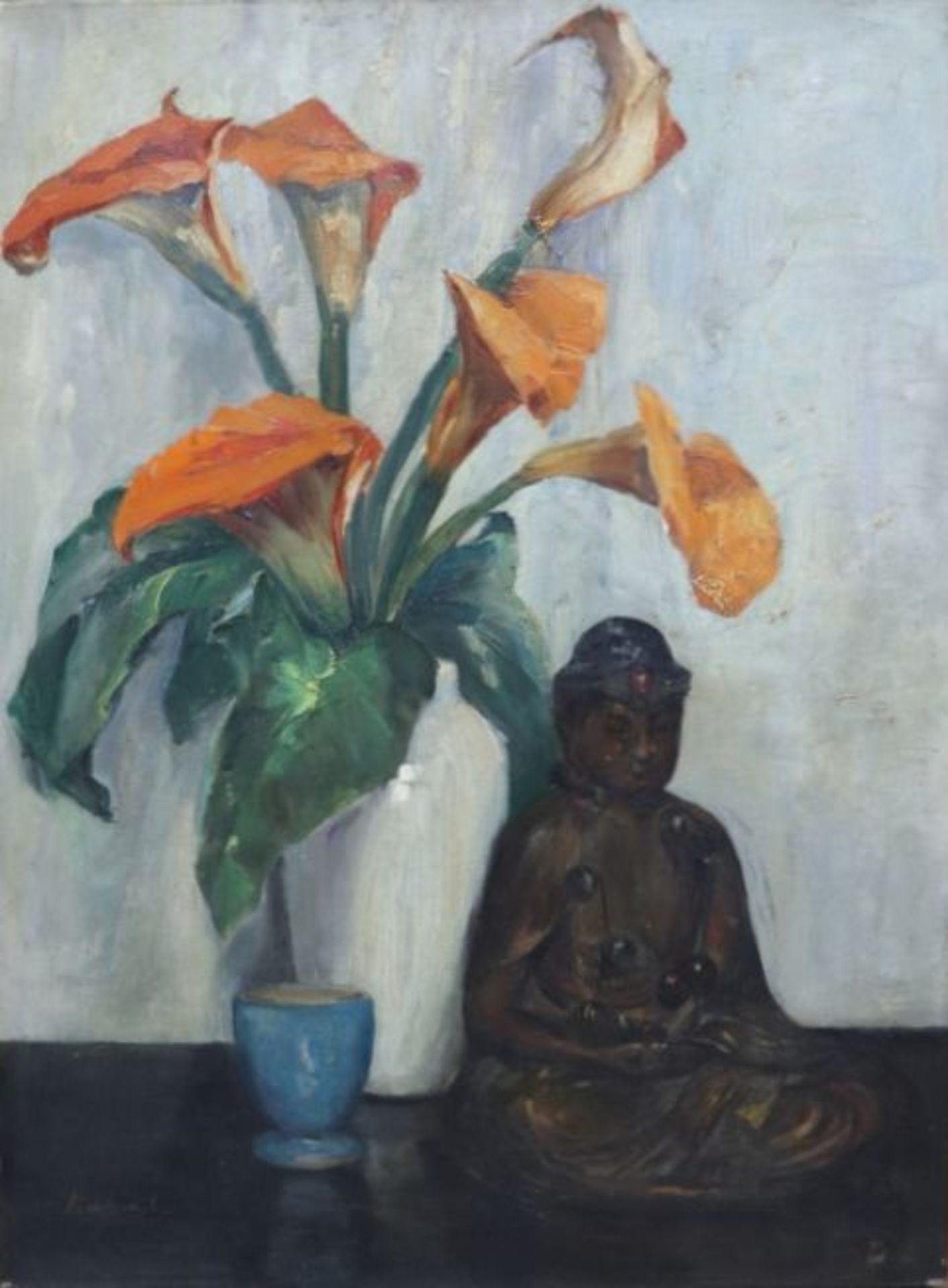 Pierre LAPRADE (1875-1931). Bouguet de fleurs et bouddha. Huile sur toile. Signée en [...]