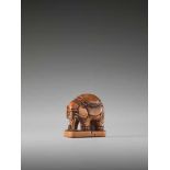 A WOOD NETSUKE OF A CAPARISONED ELEPHANT ON A BASE