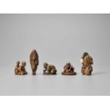 FIVE WOOD NETSUKE, TWO SIGNED