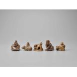 FIVE WOOD NETSUKE, ONE SIGNED