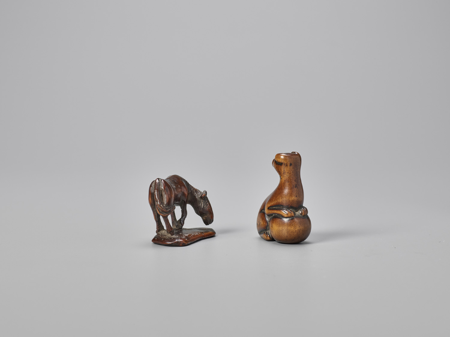 TWO WOOD NETSUKE OF A HORSE AND A DOG WITH BALL - Image 2 of 5