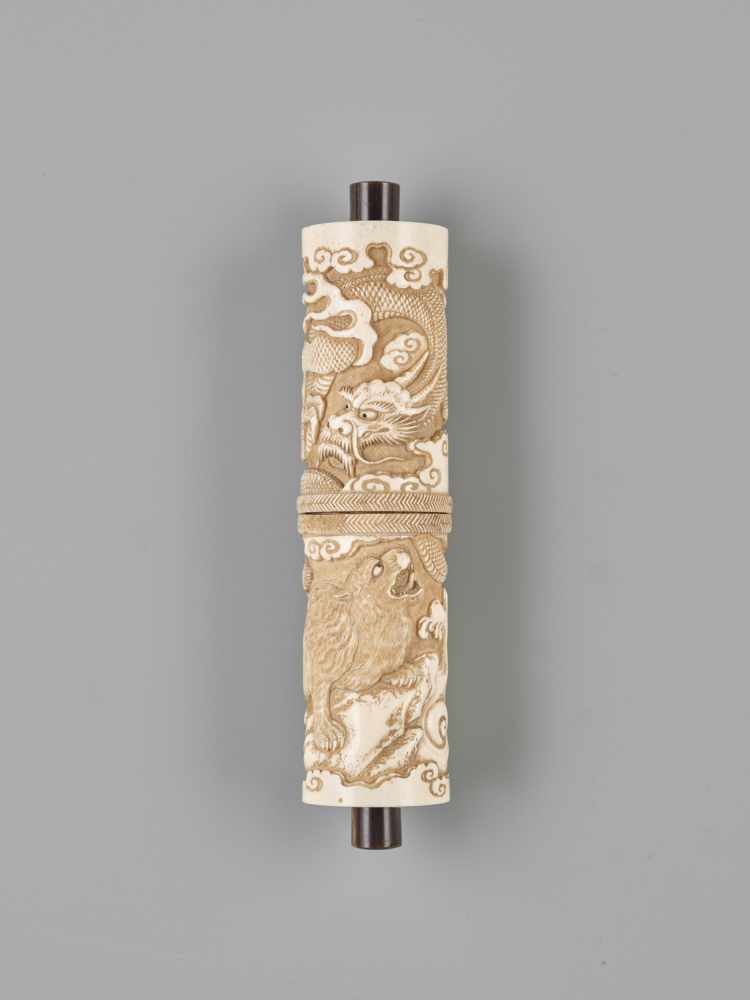 A RARE JAPANESE STAG ANTLER ‘DRAGON AND TIGER’ SCROLL CASE FOR A BUDDHIST SUTRA <br