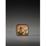 HIROMITSU: RARE BRONZE AND IVORY NETSUKE DEPICTING THE BUNBUKU CHAGAMA