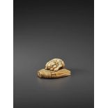 AN EARLY AND FINE IVORY NETSUKE OF A PIEBALD CAT ON STRAW BROOM