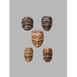 A GROUP OF FIVE WOOD MASK NETSUKE