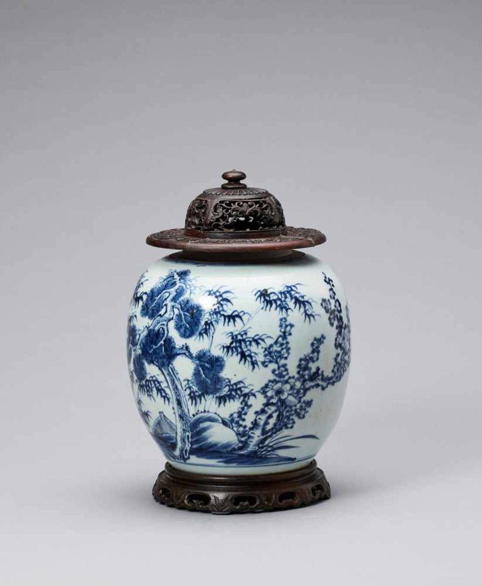 A BLUE AND WHITE GLAZED PORCELAIN ‘THREE FRIENDS OF WINTER’ GINGER JAR, KANGXI <br - Image 2 of 7