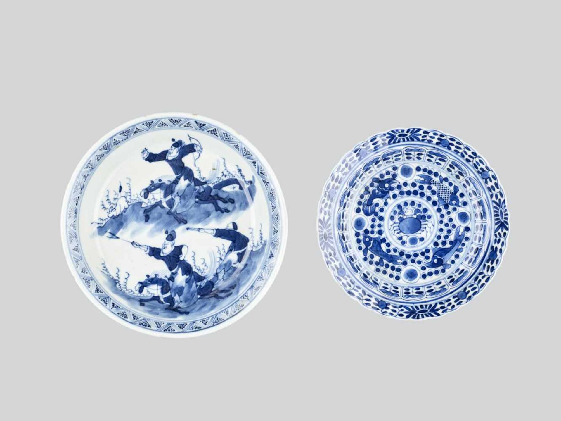 TWO SMALL BLUE AND WHITE GLAZED PORCELAIN DISHES, KANGXI MARK AND PERIOD