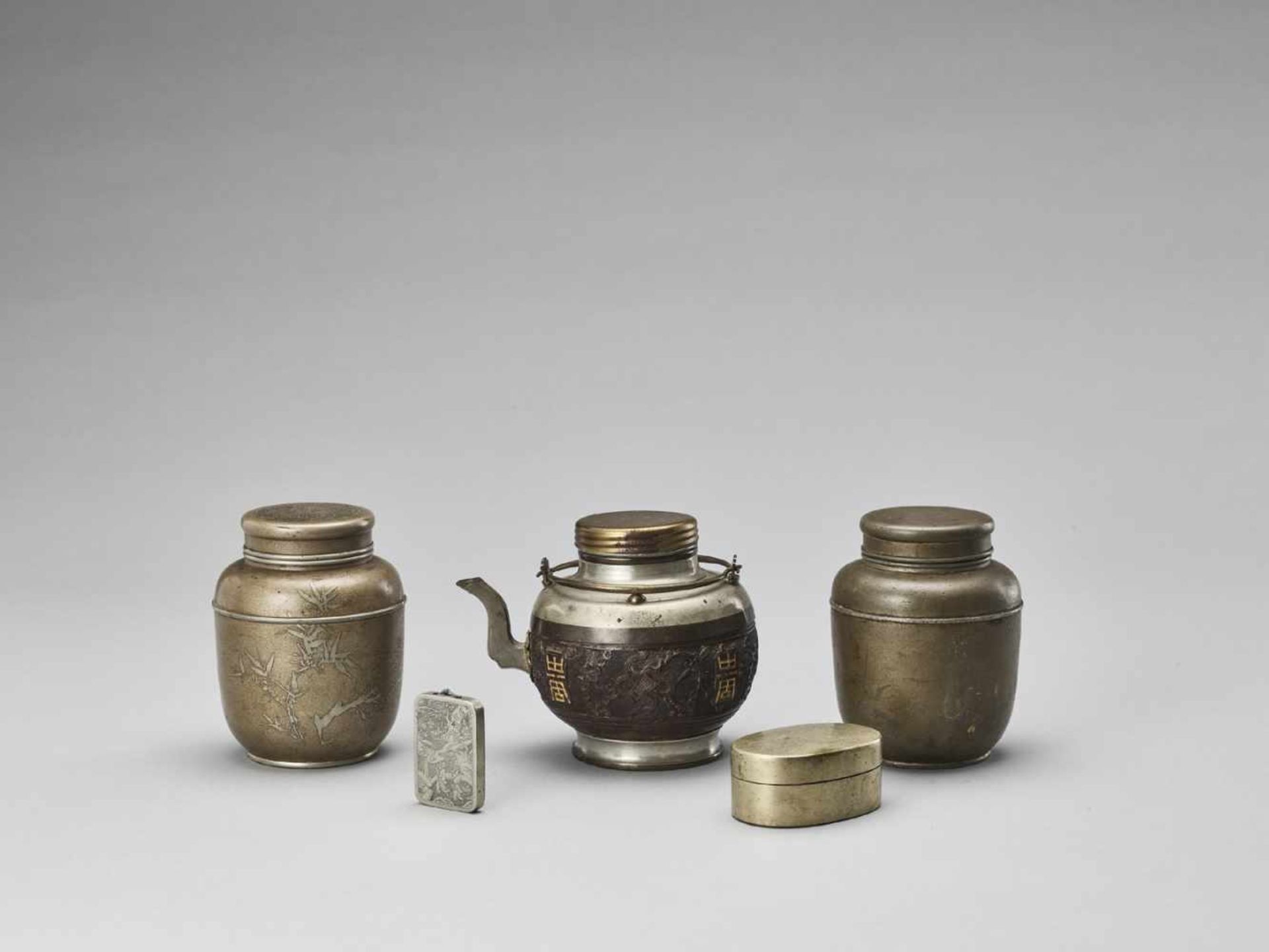 FIVE CHINESE SILVER AND PEWTER ITEMS INCLUDING A COCONUT BODY TEAPOT, QING