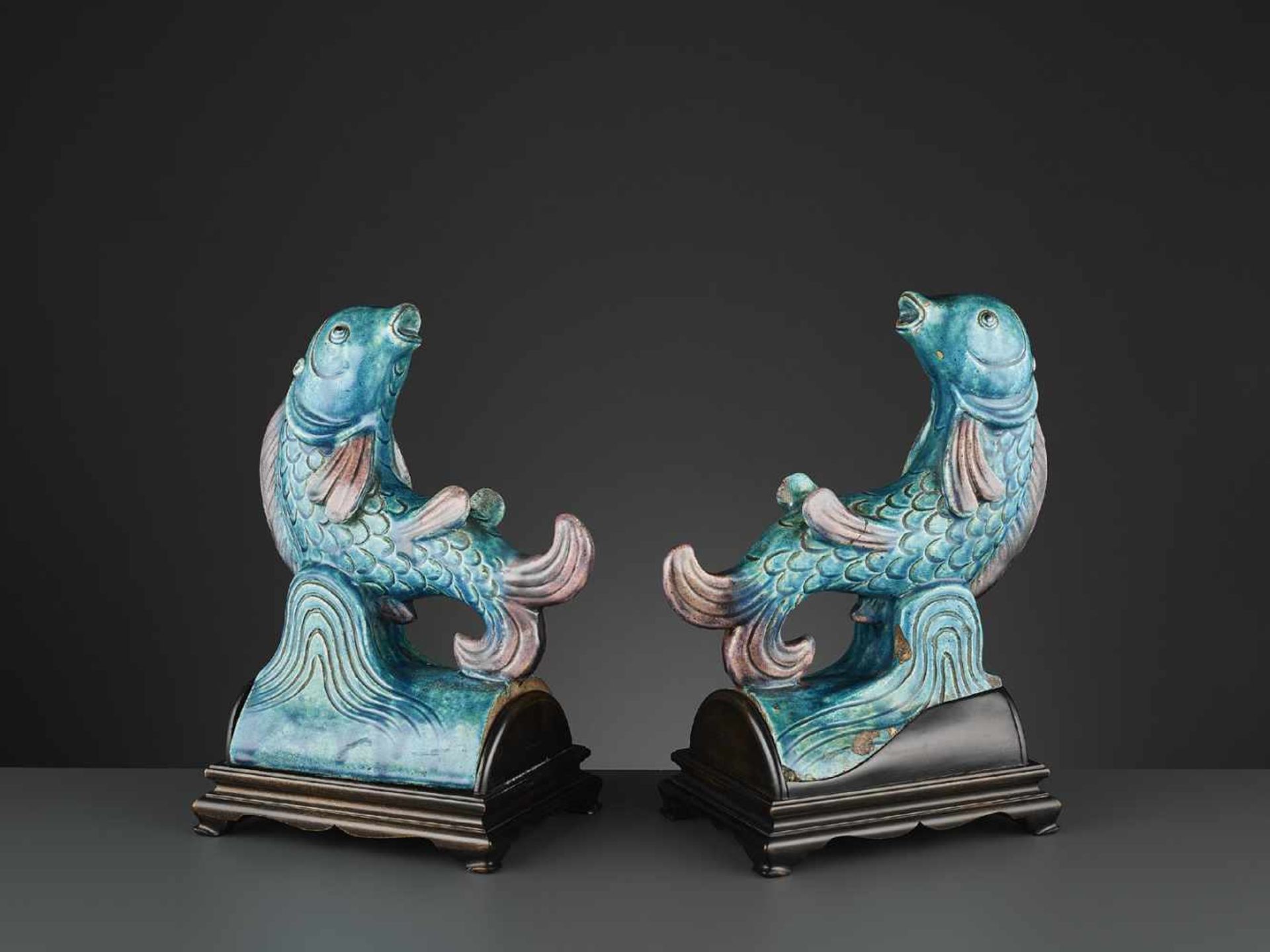 TWO AUBERGINE AND TURQUOISE GLAZED ‘FISH’ ROOF TILES, MING <br - Image 6 of 11