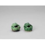 A PAIR OF EMERALD GREEN GLAZED POTTERY BUDDHIST LION WATER DROPPERS, KANGXI