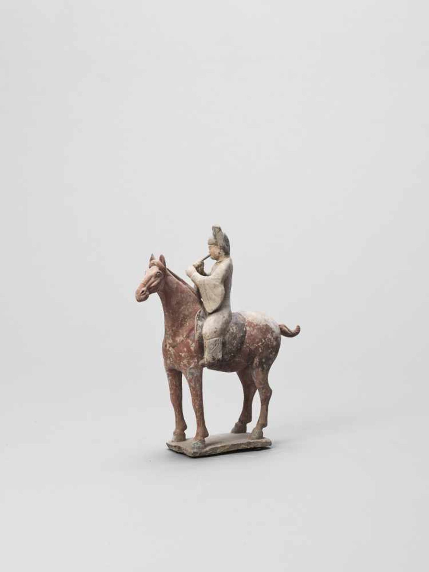 A COLD-PAINTED TERRACOTTA MODEL OF A HORSE AND RIDER, TANG - Image 6 of 7