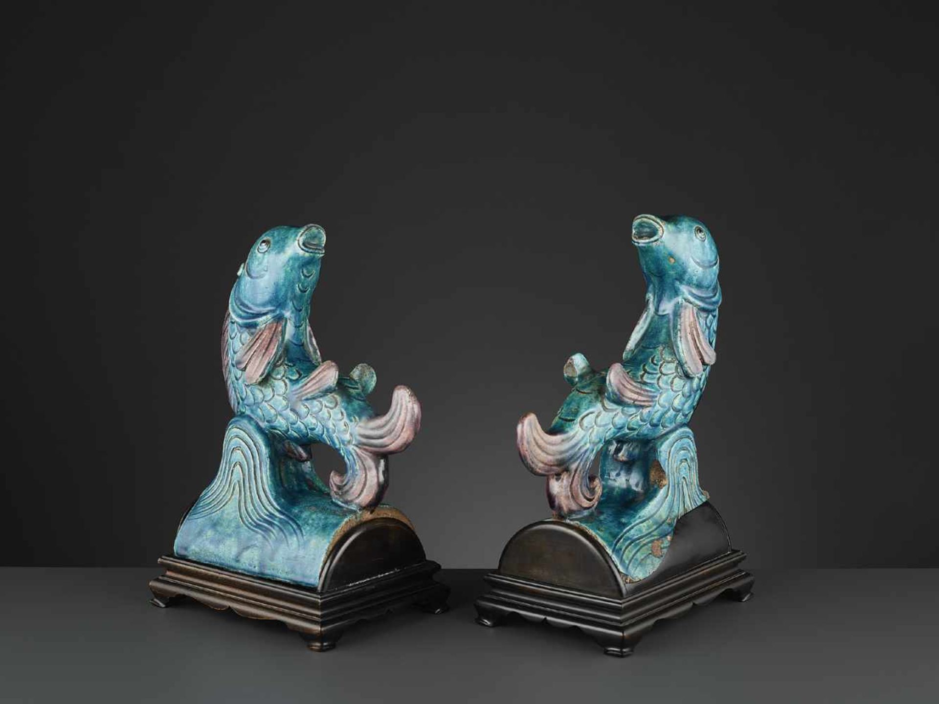 TWO AUBERGINE AND TURQUOISE GLAZED ‘FISH’ ROOF TILES, MING <br - Image 5 of 11