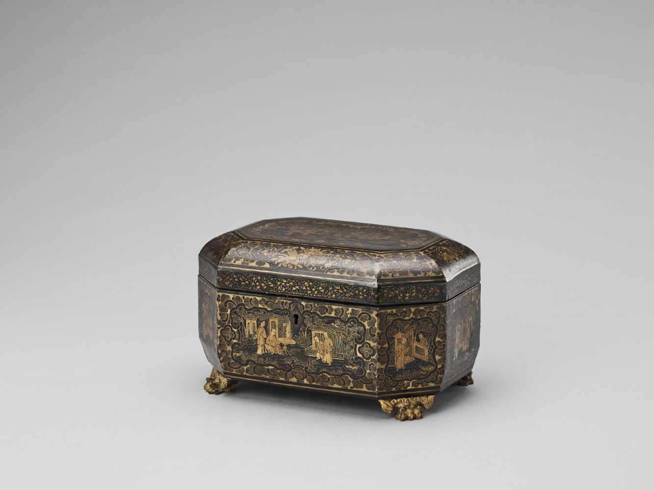 A CANTON LACQUER HEXAGONAL TEA CADDY WITH ORIGINAL TEA CONTAINERS, QING