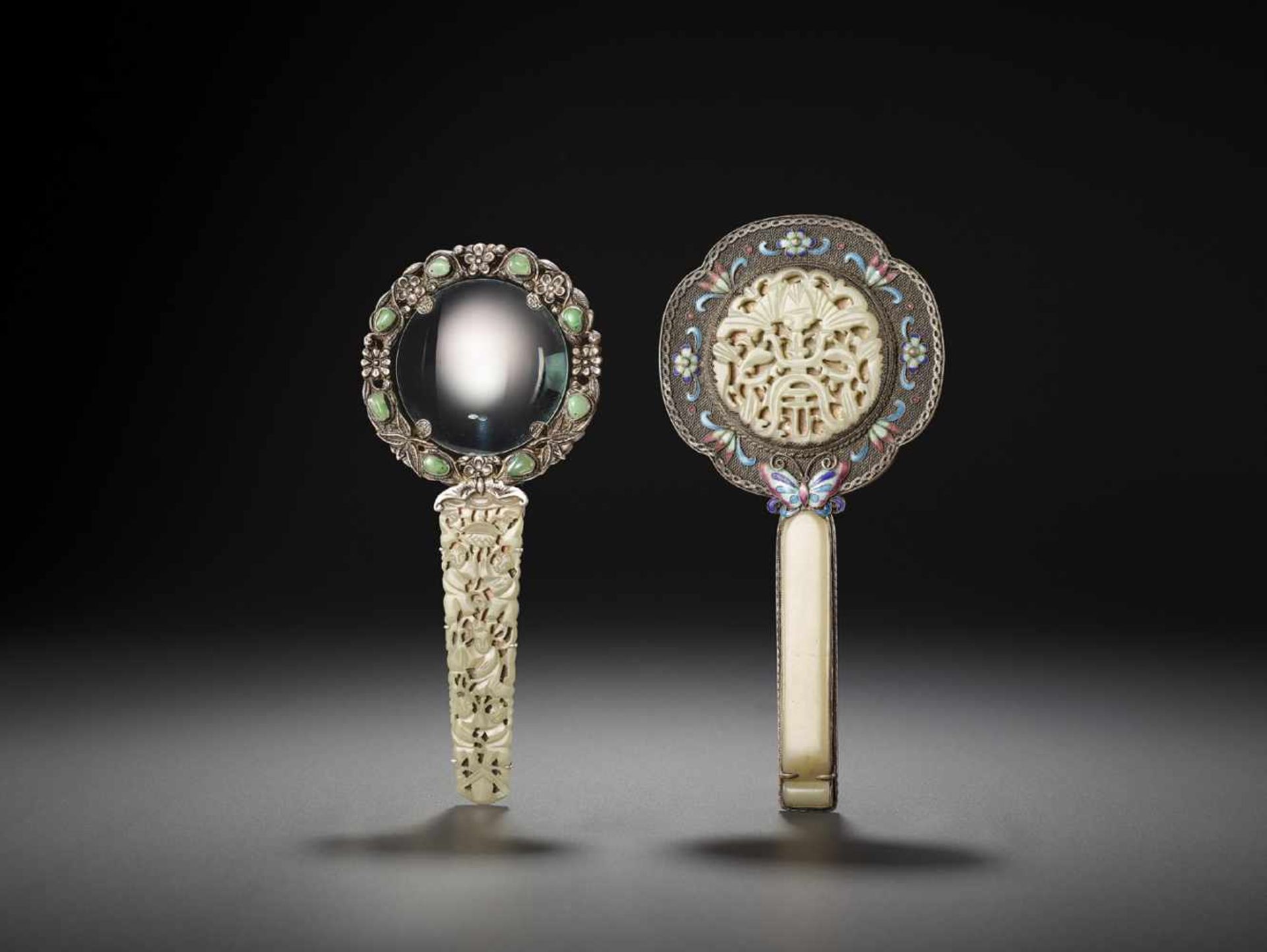 A SILVER MIRROR AND MAGNIFYING GLASS, LATE QING