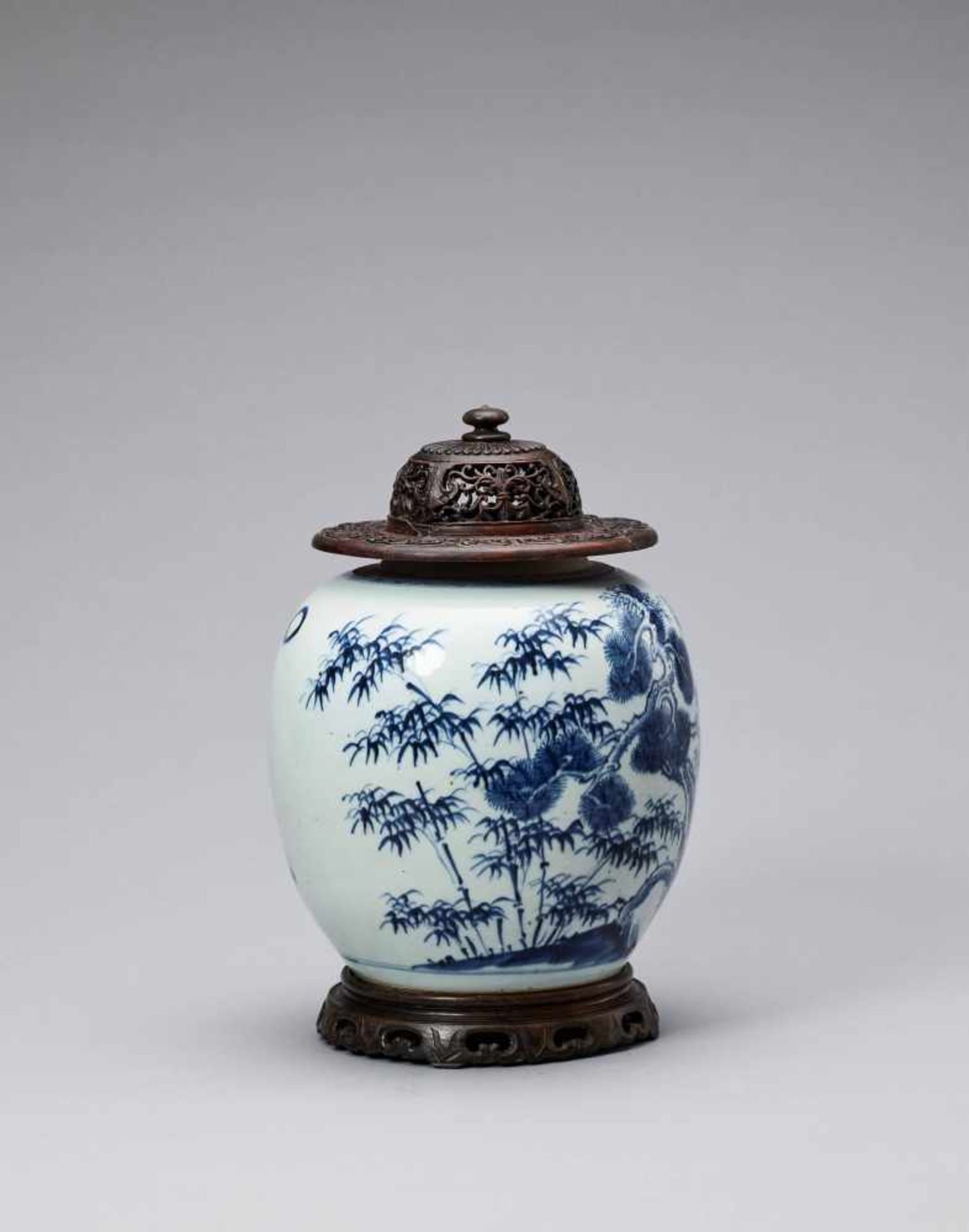 A BLUE AND WHITE GLAZED PORCELAIN ‘THREE FRIENDS OF WINTER’ GINGER JAR, KANGXI <br - Image 4 of 7