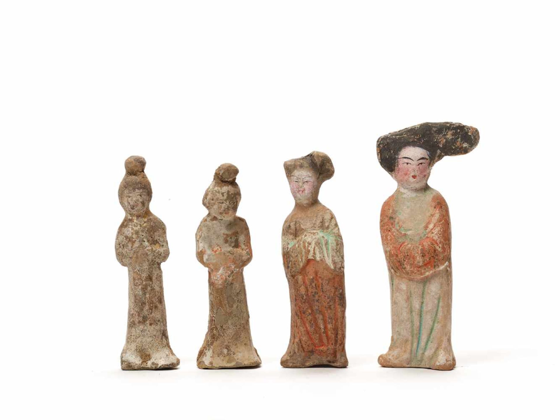 FOUR MINIATURE TERRACOTTA ‘FAT LADIES’, TANG DYNASTY <br