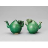 A PAIR OF EMERALD GREEN GLAZED POTTERY PEACH FORM WATER DROPPERS, KANGXI