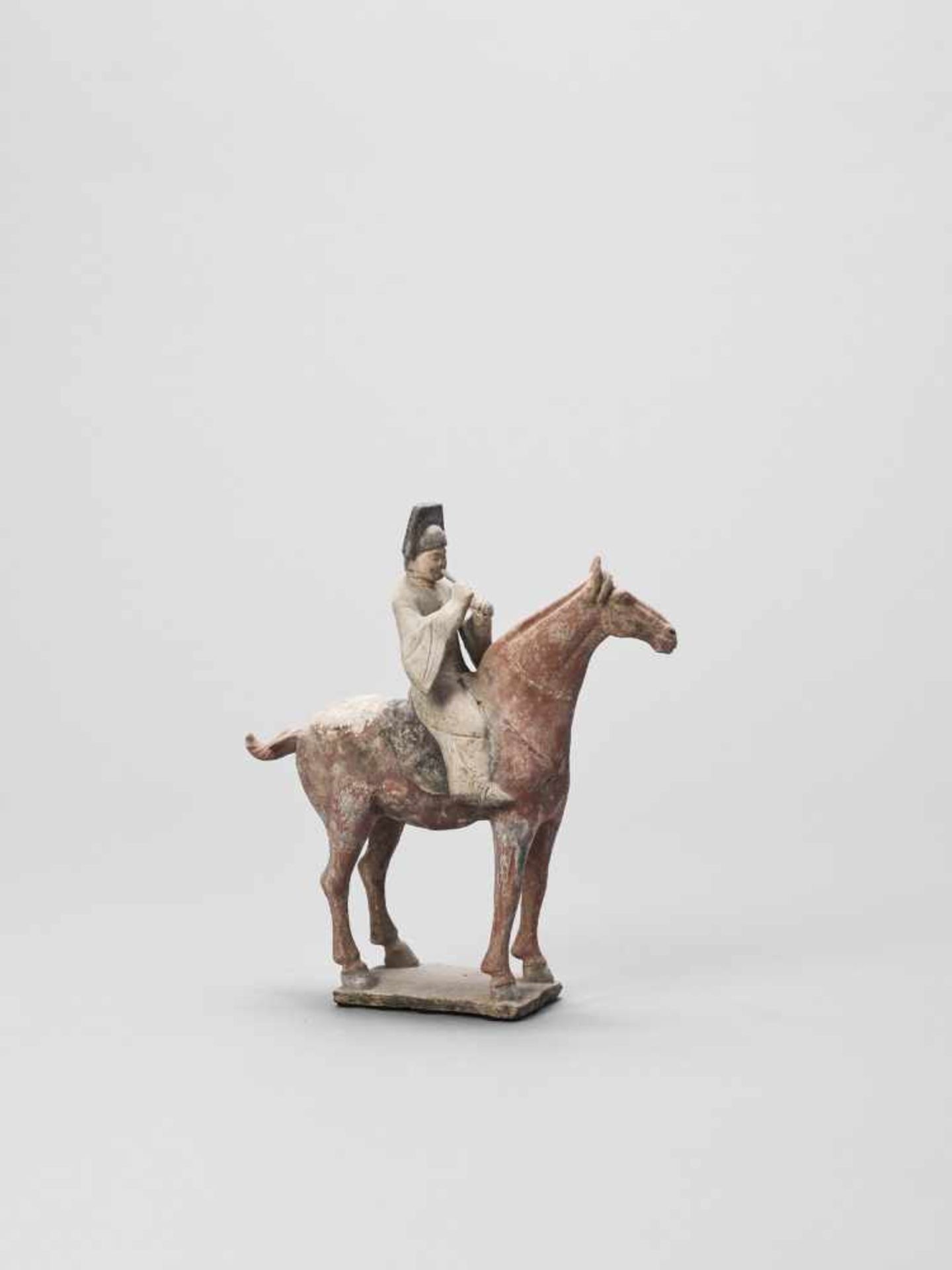 A COLD-PAINTED TERRACOTTA MODEL OF A HORSE AND RIDER, TANG - Image 5 of 7