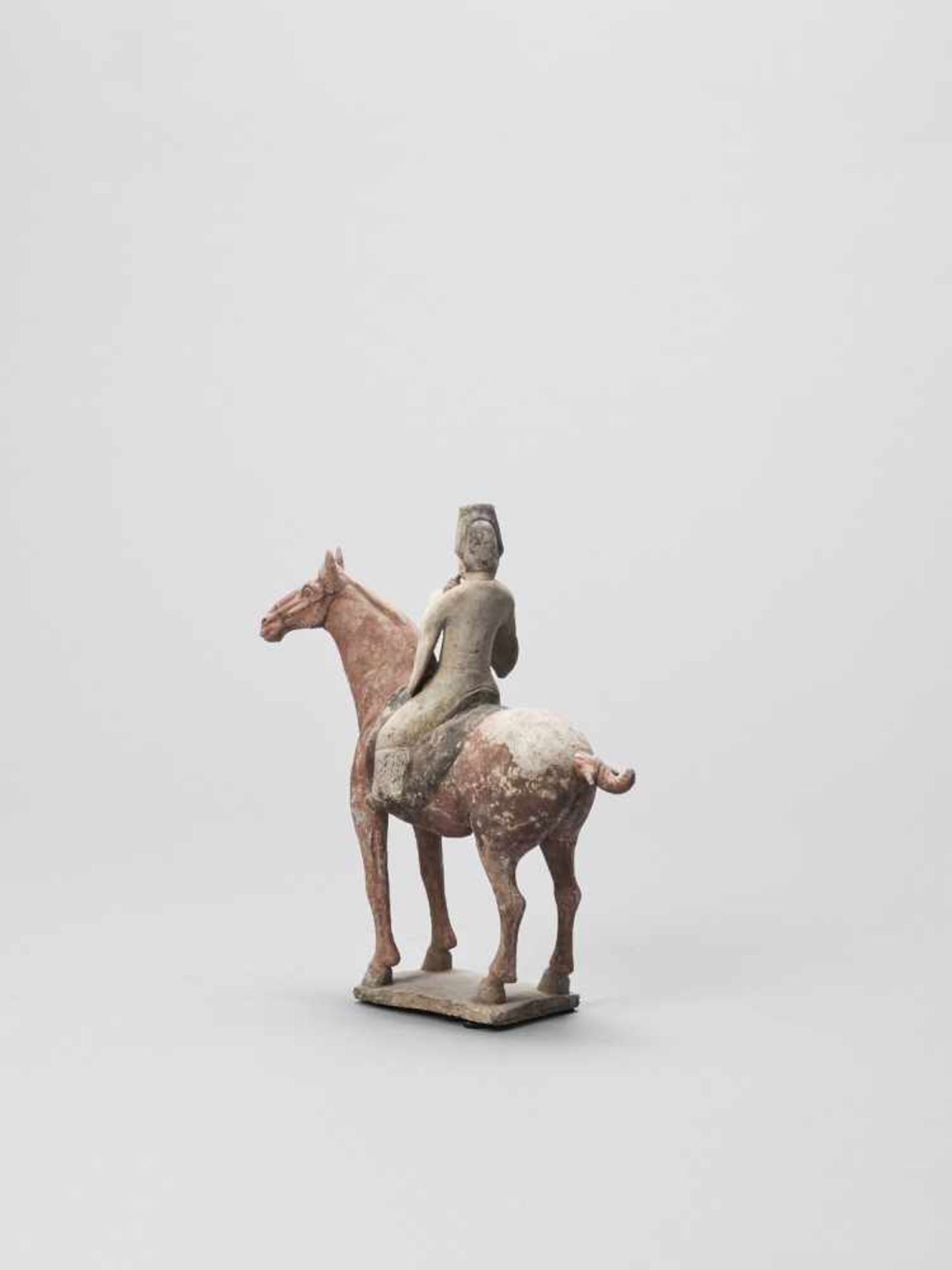 A COLD-PAINTED TERRACOTTA MODEL OF A HORSE AND RIDER, TANG - Image 3 of 7