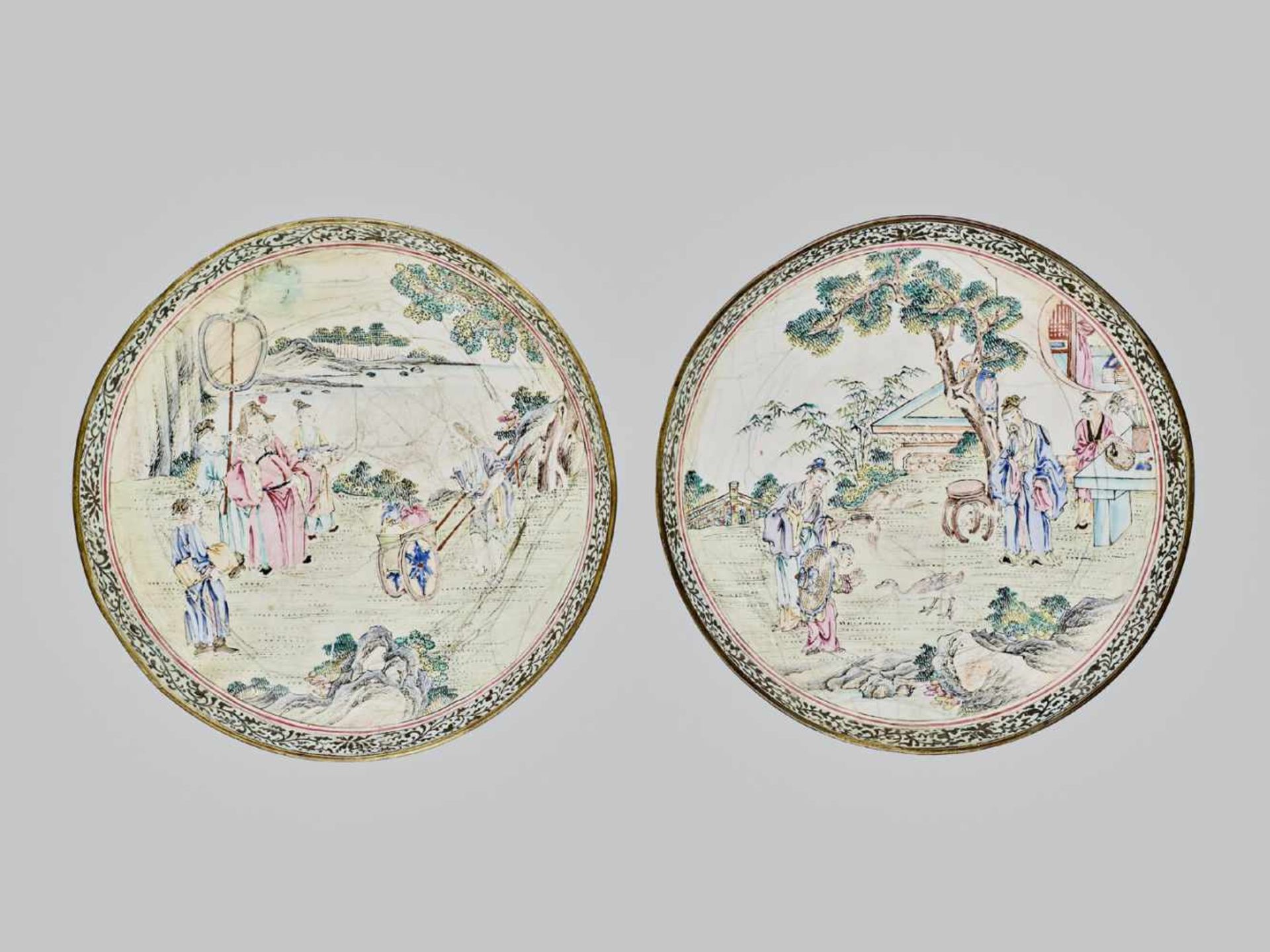 A PAIR OF CANTON ENAMEL PLATES WITH COURT SCENES, QING