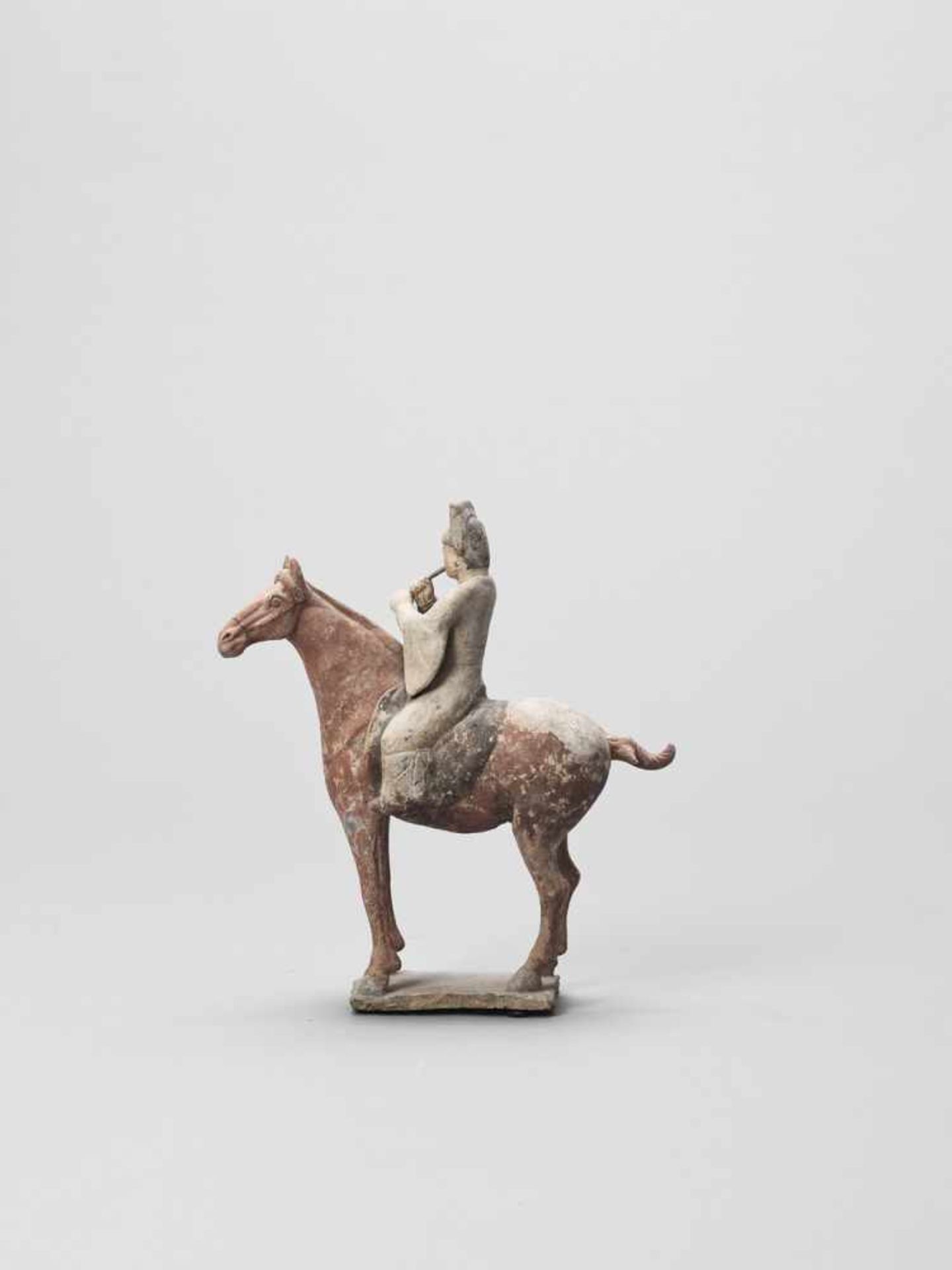 A COLD-PAINTED TERRACOTTA MODEL OF A HORSE AND RIDER, TANG - Image 2 of 7