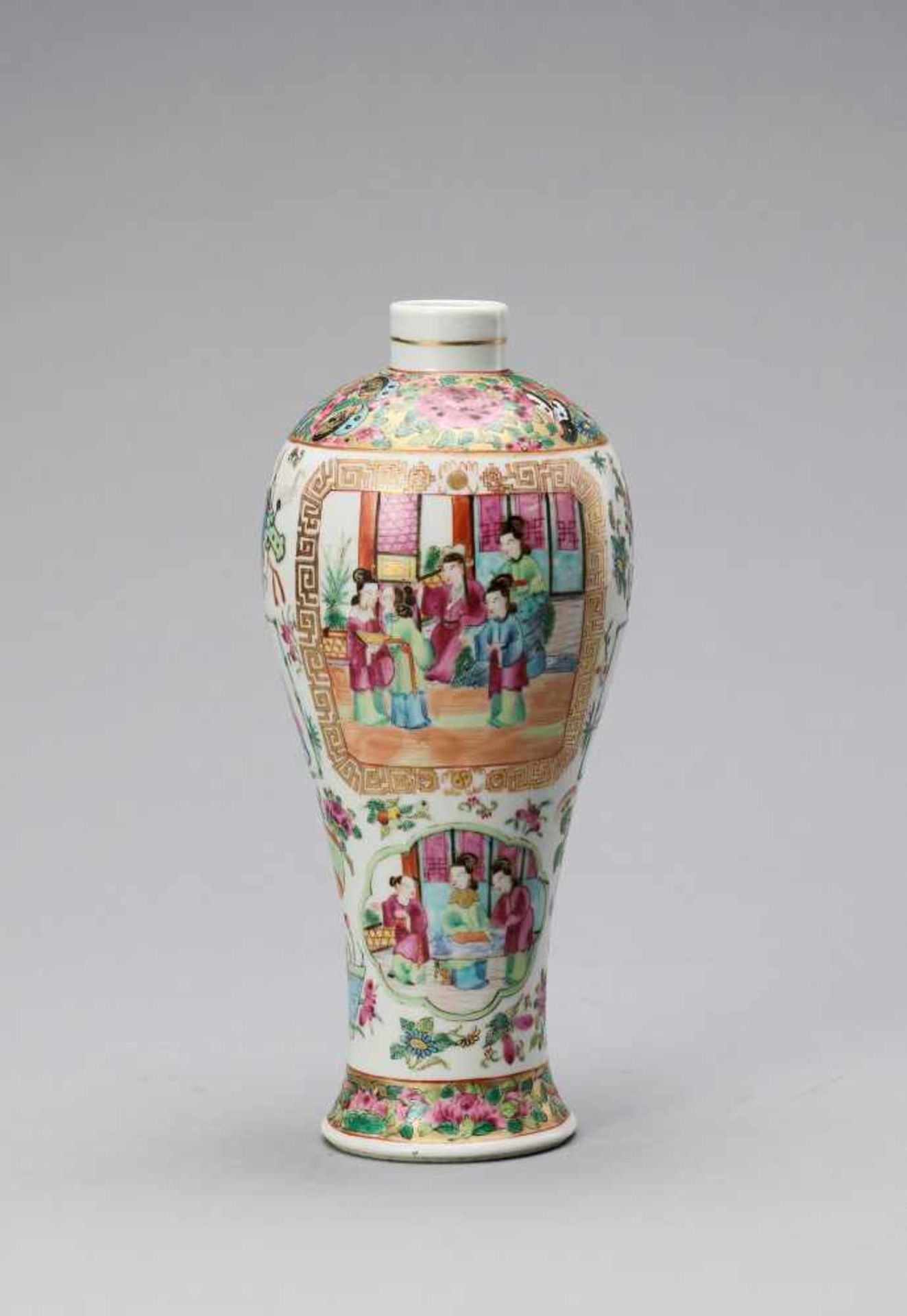 A CANTON SCHOOL FAMILLE ROSE AND GILT MEIPING VASE, LATE QING