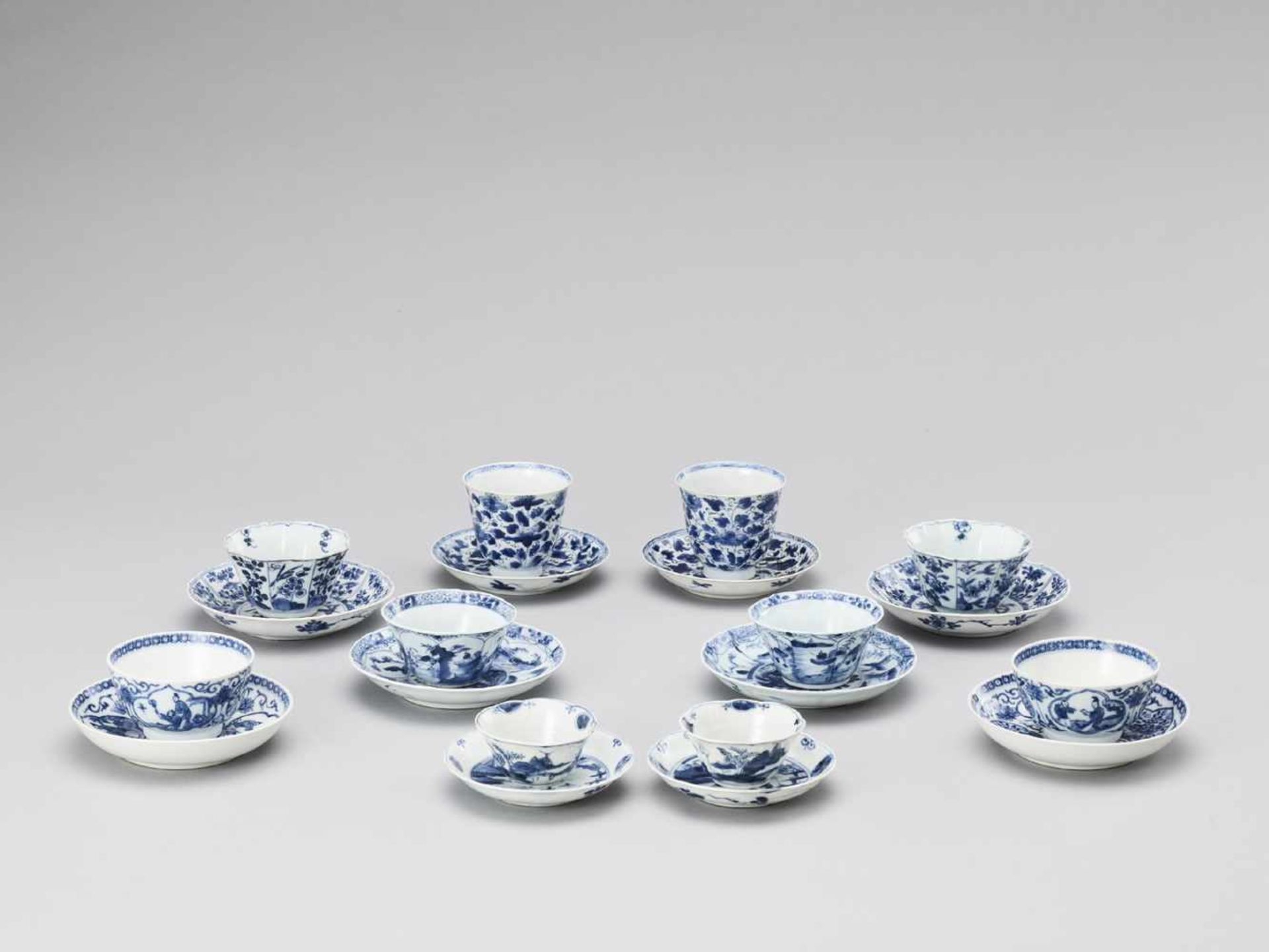 FIVE PAIRS OF BLUE AND WHITE CUPS WITH MATCHING PLATES - Image 2 of 11