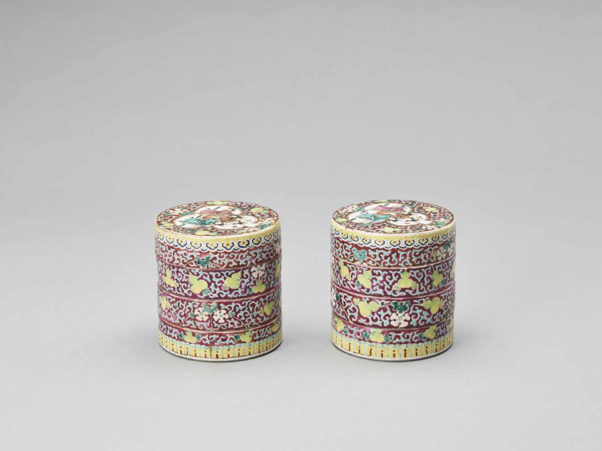 A PAIR OF THREE-TIERED ENAMELED PORCELAIN COSMETIC BOXES, REPUBLIC