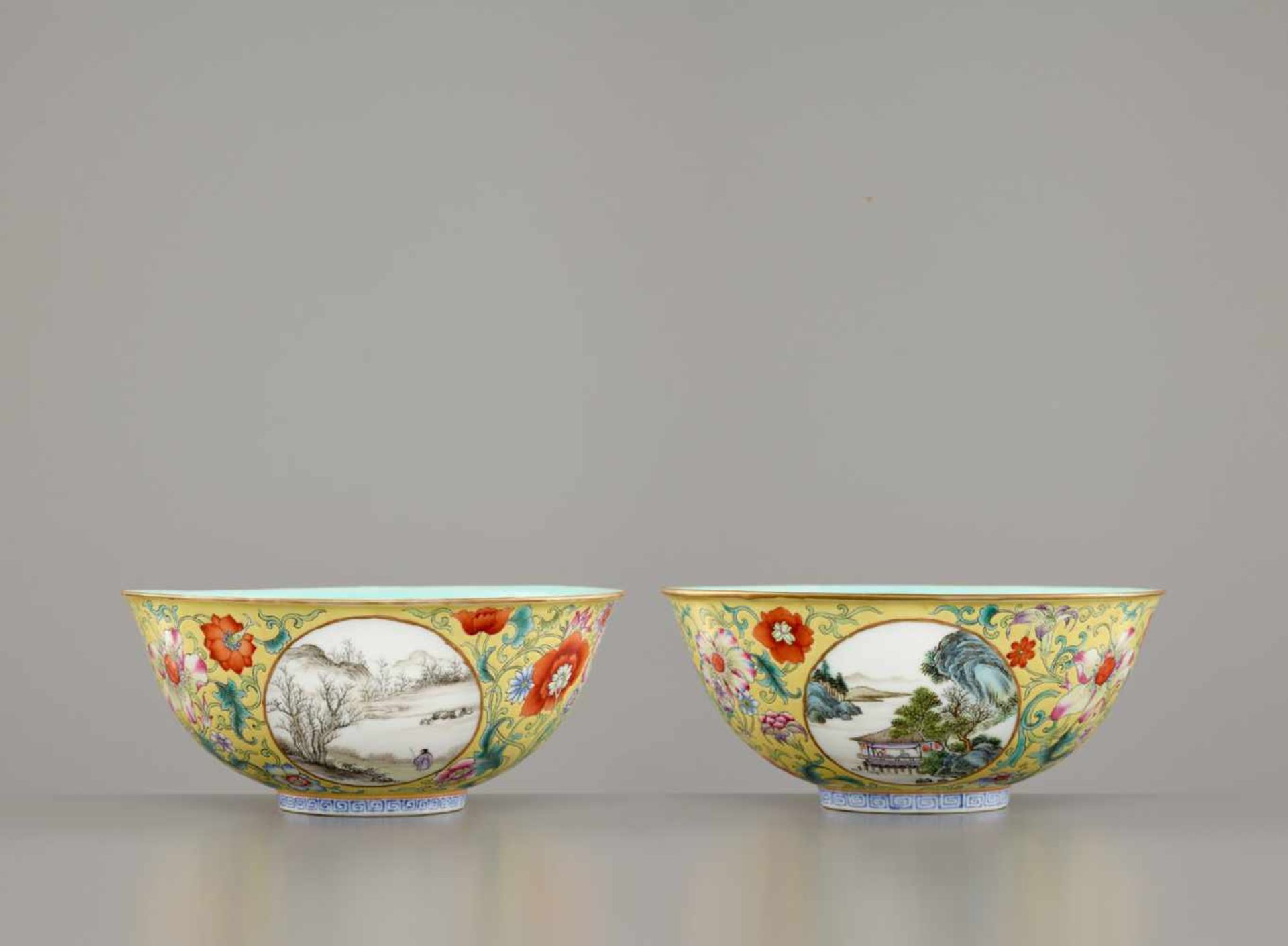 A PAIR OF YELLOW-GROUND ENAMELLED ‘LANDSCAPE’ BOWLS, REPUBLIC <br