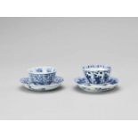 A PAIR OF BLUE AND WHITE PORCELAIN CUPS WITH MATCHING PLATES, KANGXI