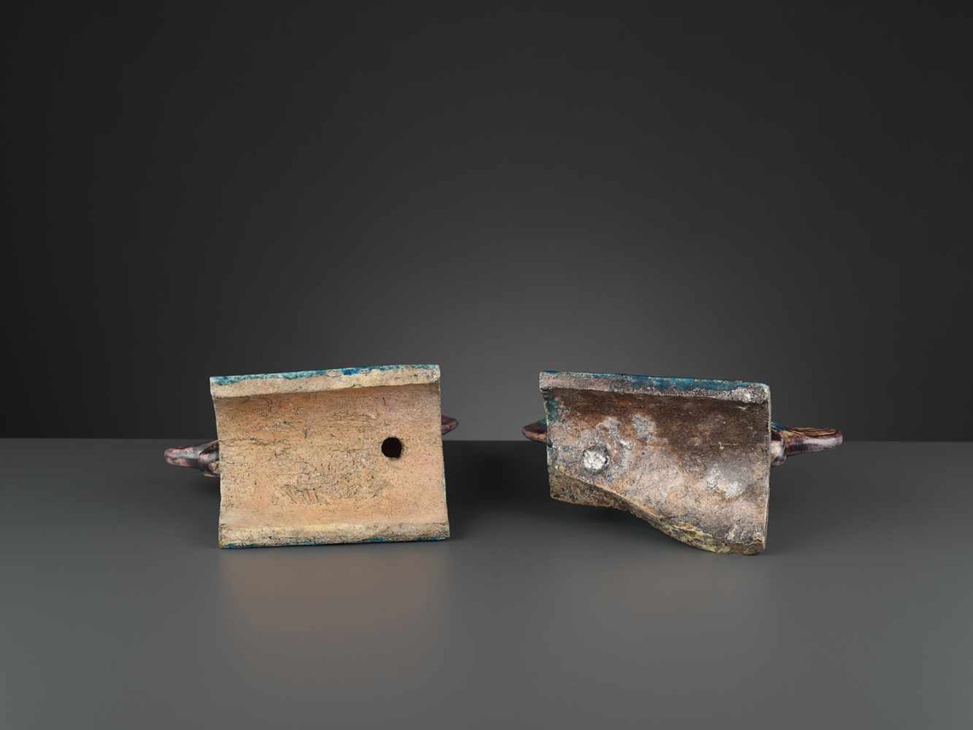 TWO AUBERGINE AND TURQUOISE GLAZED ‘FISH’ ROOF TILES, MING <br - Image 10 of 11