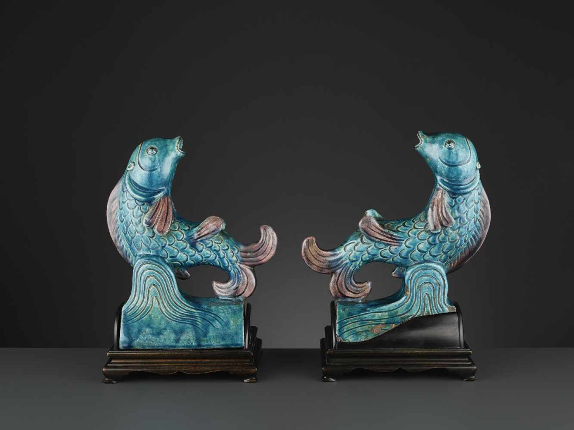 TWO AUBERGINE AND TURQUOISE GLAZED ‘FISH’ ROOF TILES, MING <br - Image 7 of 11