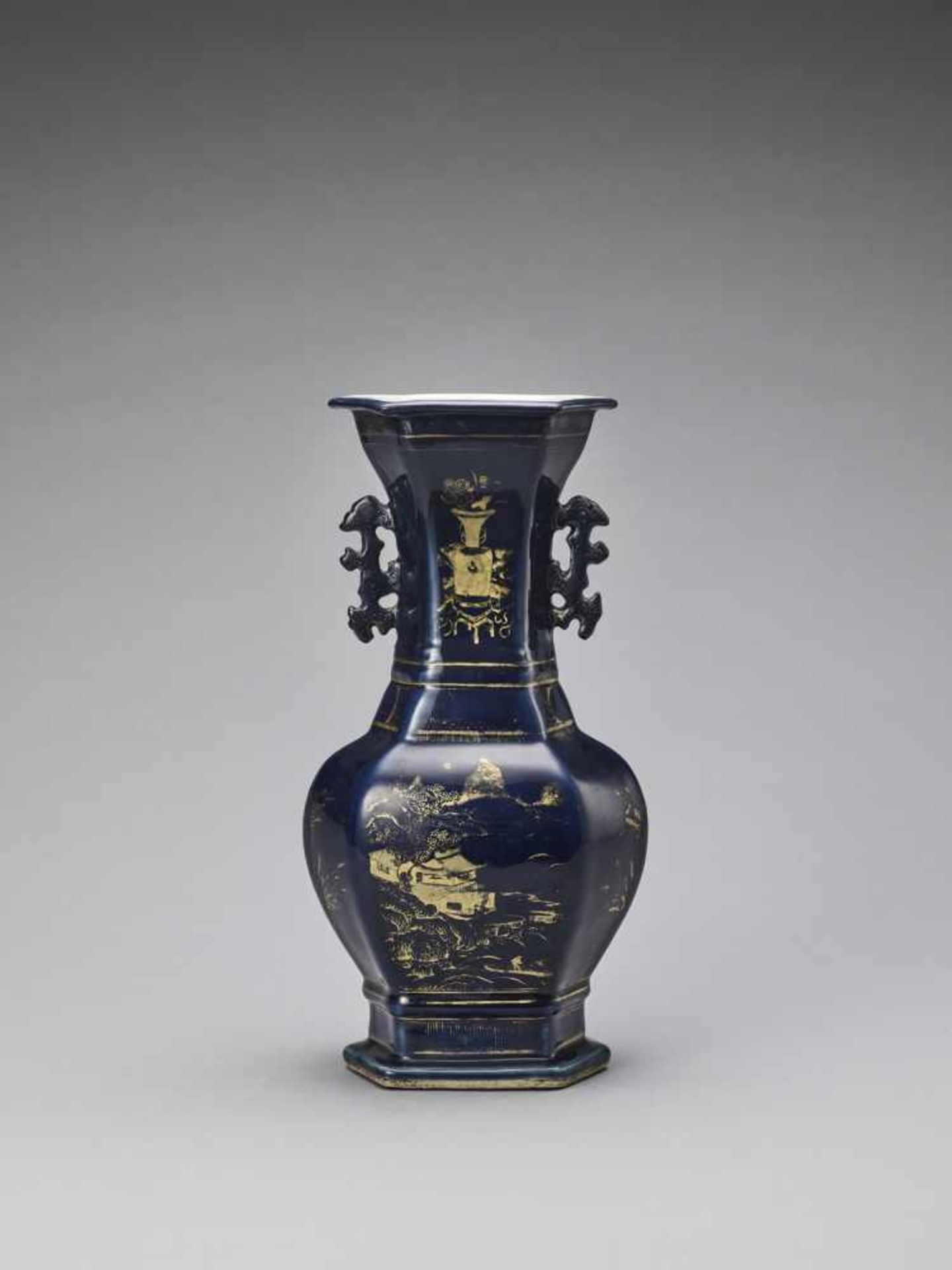 A GILT-DECORATED POWDER-BLUE GLAZED BALUSTER VASE, KANGXI