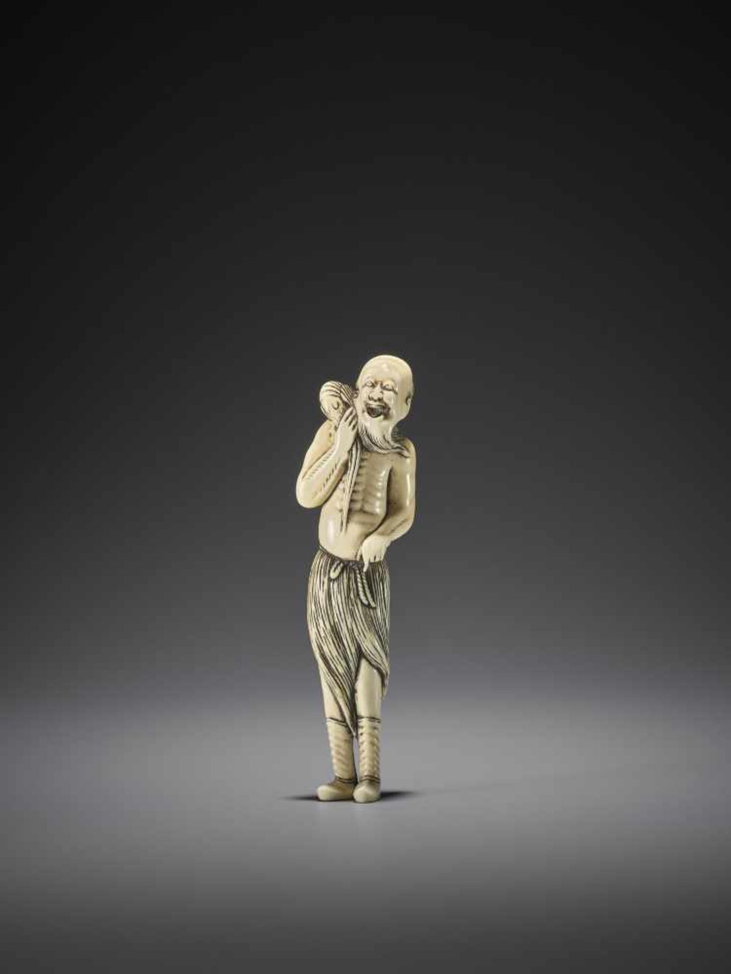 A RARE TALL IVORY NETSUKE OF THE PRAWN SENNIN KENSU