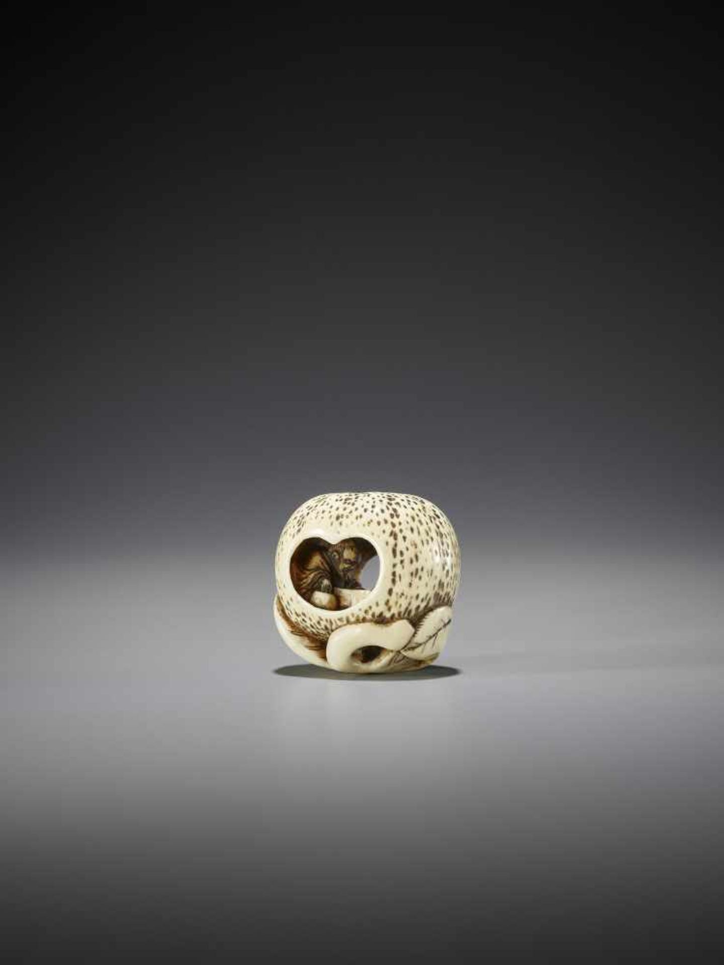 AN IVORY NETSUKE OF TWO SAGES INSIDE A MIKAN - Image 2 of 7