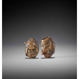 A WOOD DOUBLE MASK NETSUKE OF SOJOBO AND OKAME