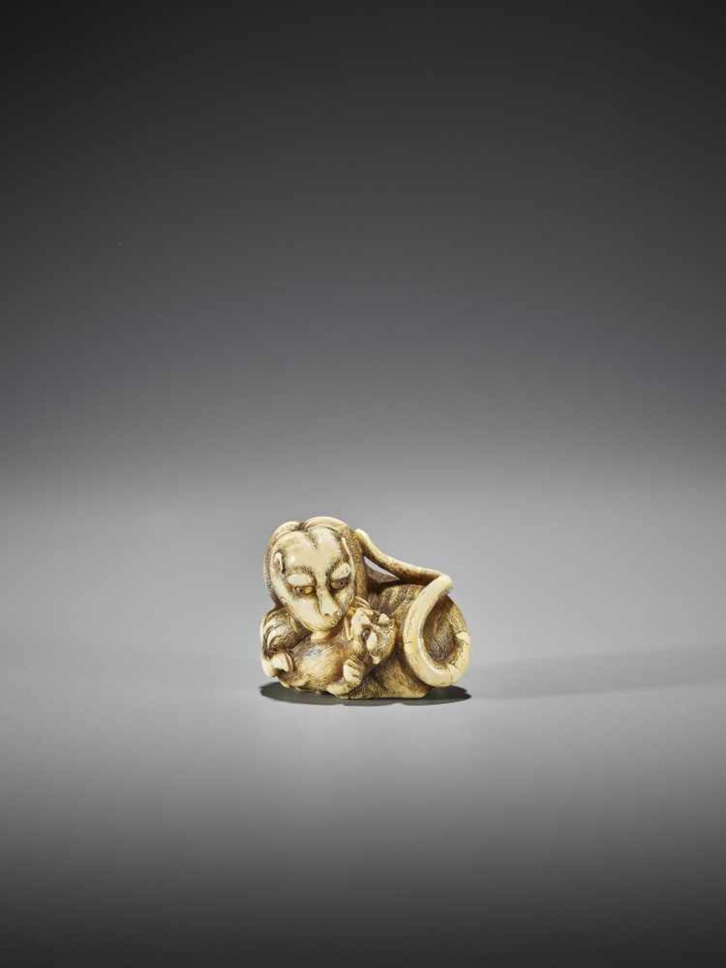 UNSHO HAKURYU I: AN EXCEPTIONAL IVORY NETSUKE OF A TIGER WITH CUB