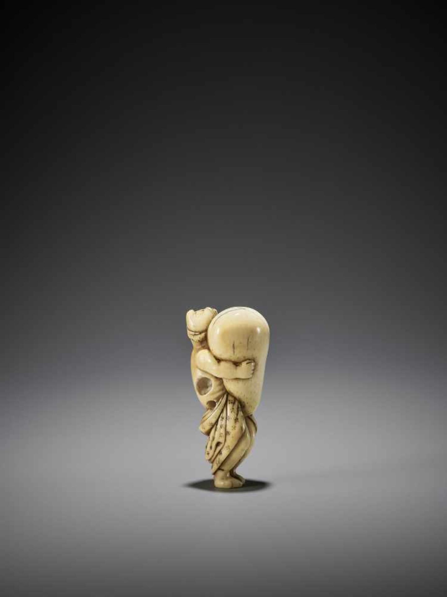 A LARGE AND AMUSING IVORY NETSUKE OF A TANUKI WITH HUGE SCROTUM - Image 2 of 9