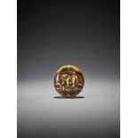 ISHIKAWA RENSAI: A FINE AND RARE IVORY MANJU NETSUKE OF A BUDDHIST LION AND VAJRA