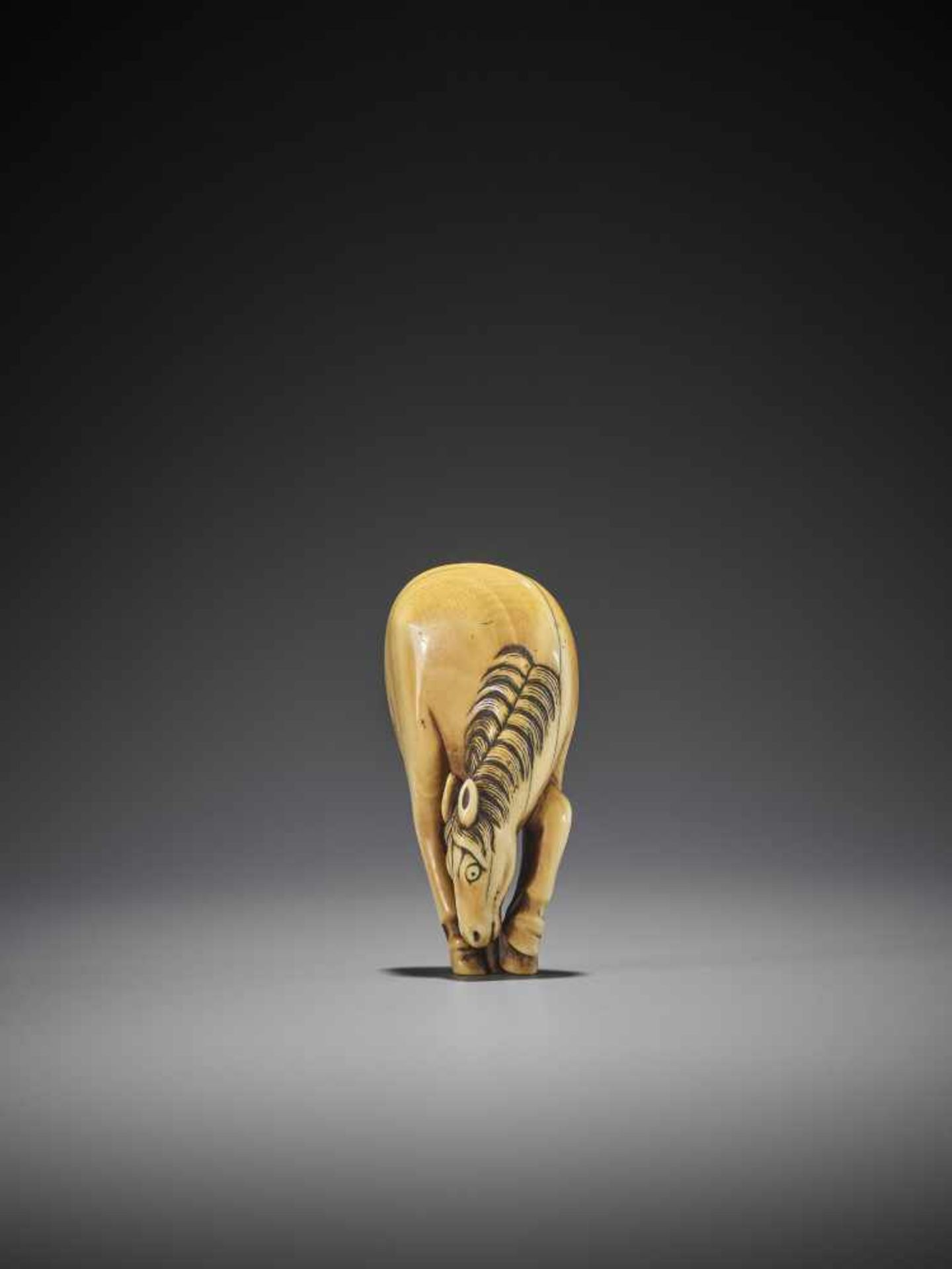 A FINE AND LARGE IVORY NETSUKE OF A GRAZING HORSE - Image 2 of 9