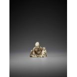 HOSHIN: A RARE IVORY NETSUKE OF A CHINESE SAGE WITH SNAKE