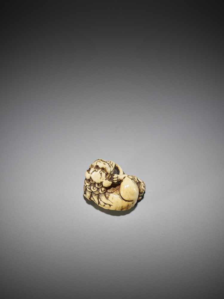 AN IVORY NETSUKE OF A SHISHI WITH BALL - Image 6 of 9