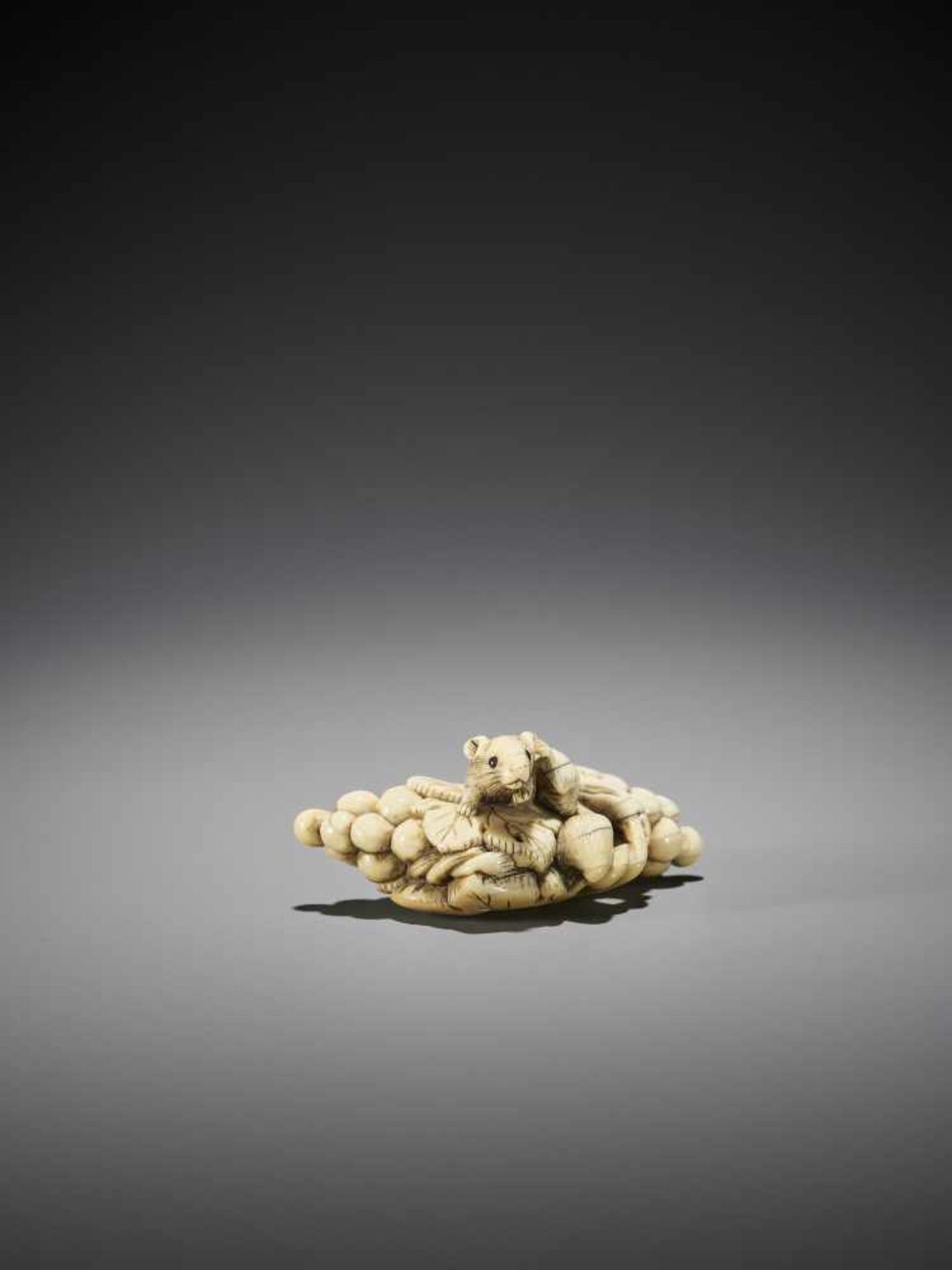 AN IVORY NETSUKE OF A SQUIRELL AND GRAPES