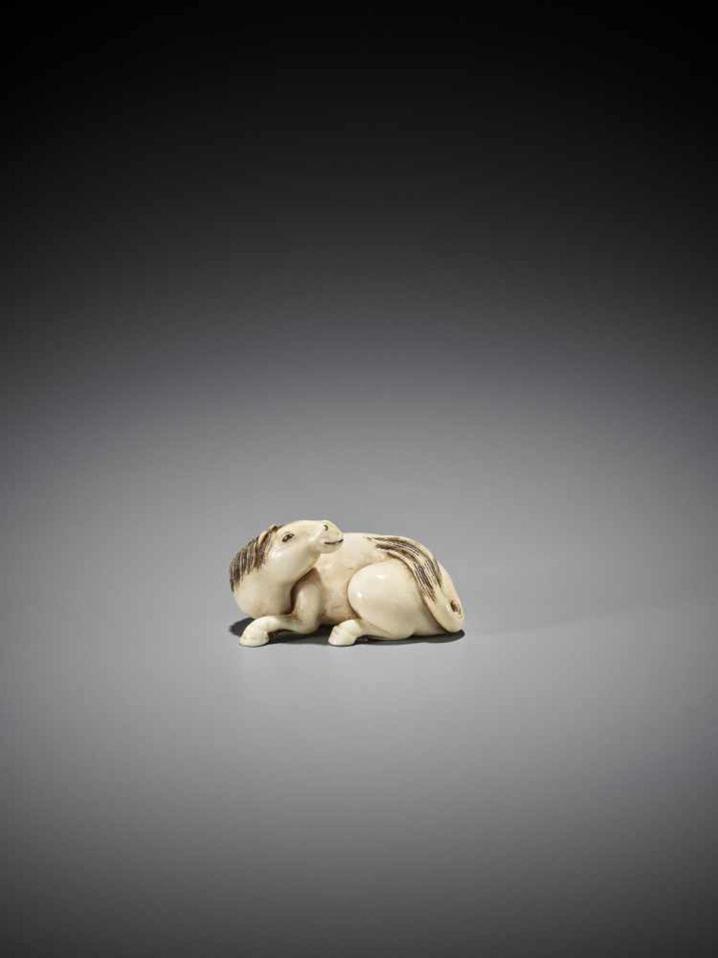 A FINE IVORY NETSUKE OF A RECUMBENT HORSE - Bild 3 aus 8