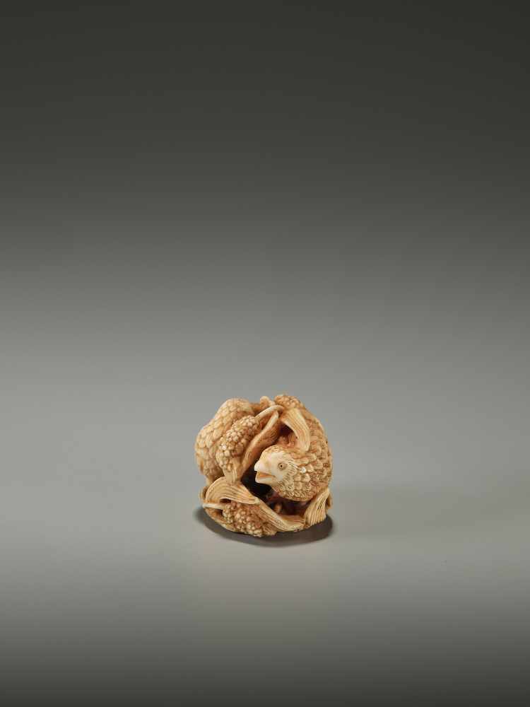 KAGETOSHI: AN IVORY NETSUKE OF TWO QUAILS - Image 4 of 12