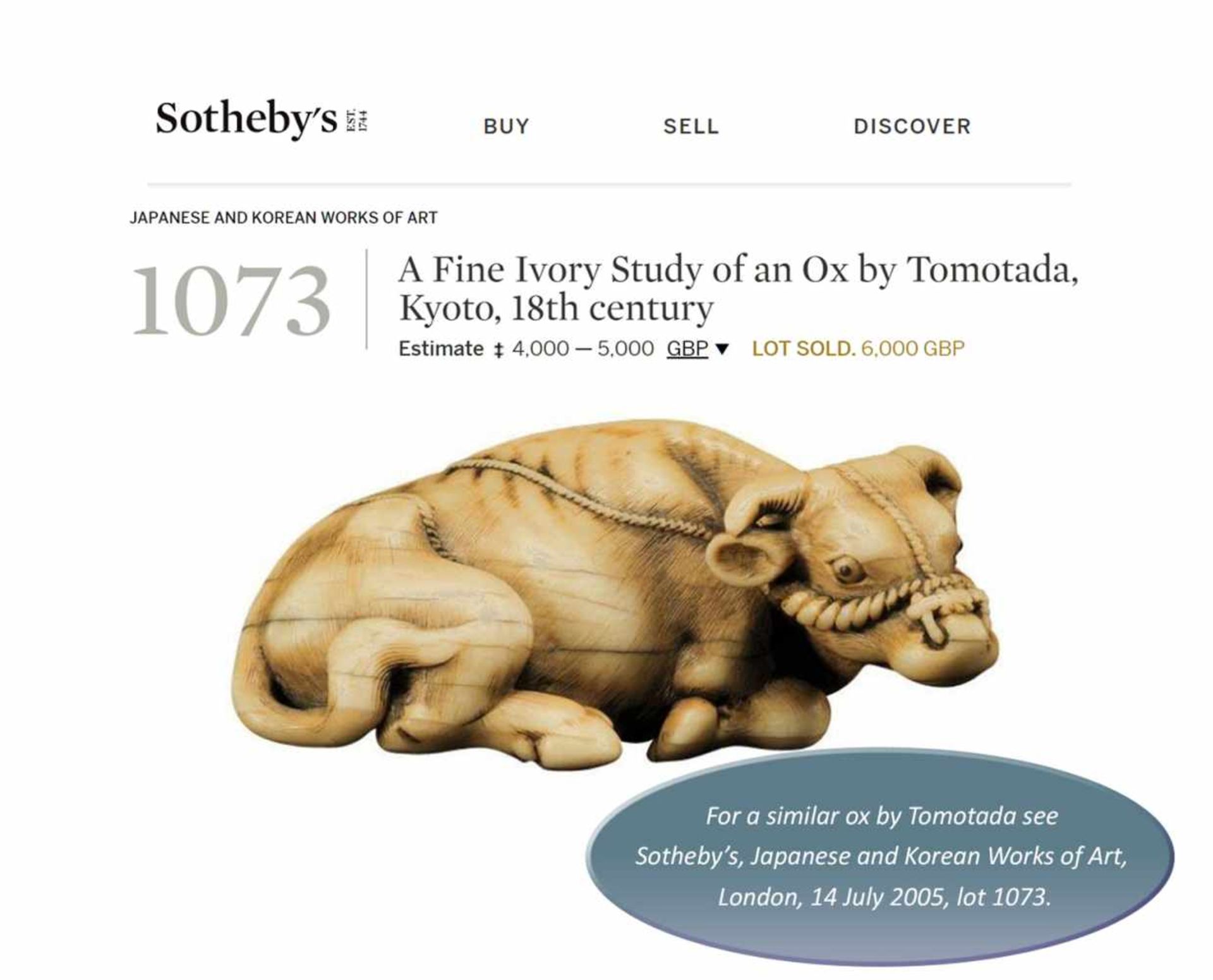 TOMOTADA: A POWERFUL IVORY NETSUKE OF A RECUMBENT OX - Bild 9 aus 9