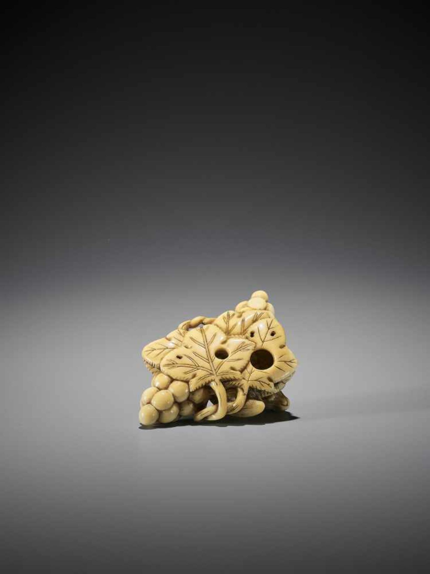 AN IVORY NETSUKE OF A SQUIRELL AND GRAPES - Image 3 of 10