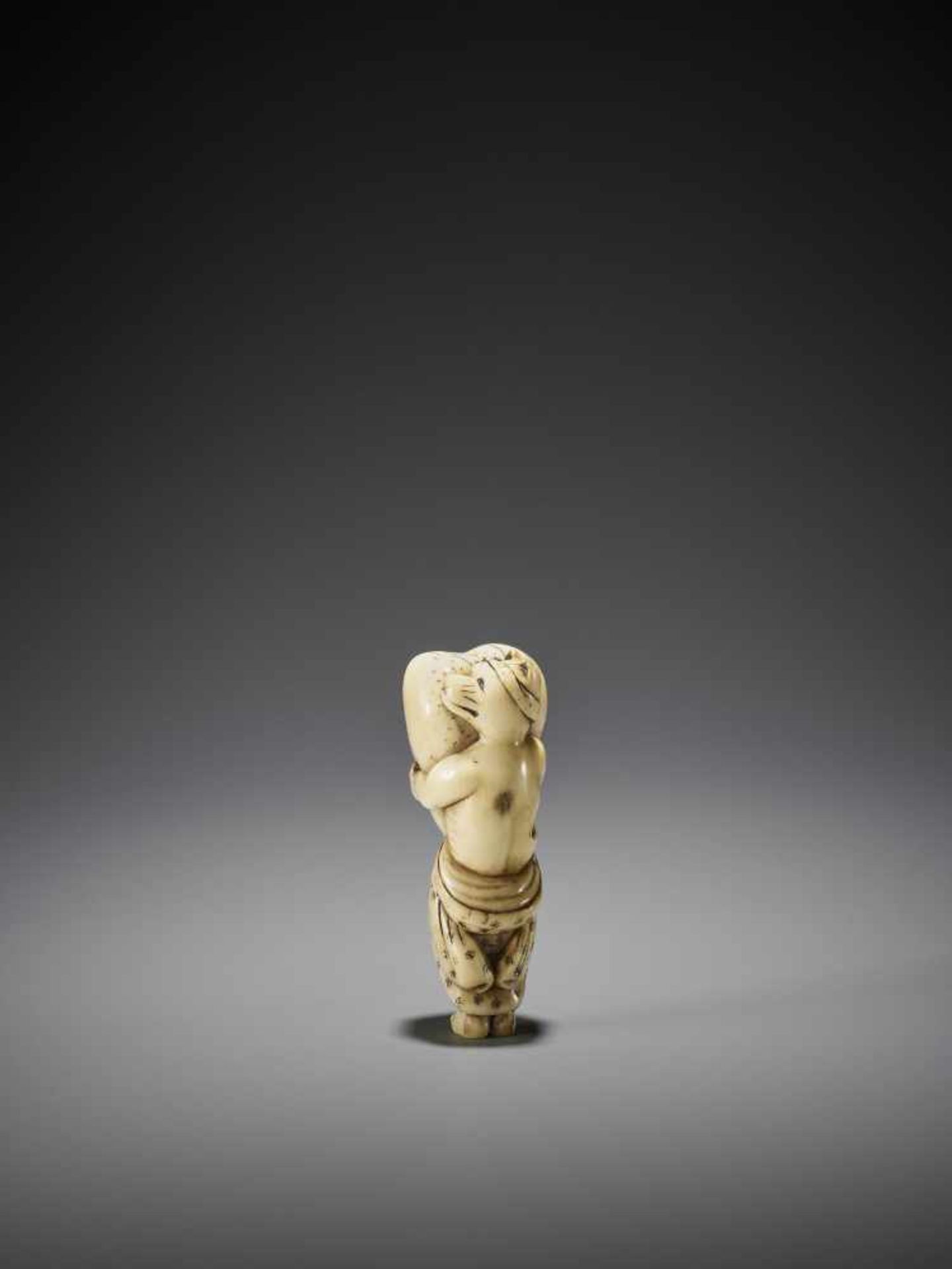 A LARGE AND AMUSING IVORY NETSUKE OF A TANUKI WITH HUGE SCROTUM - Bild 5 aus 9