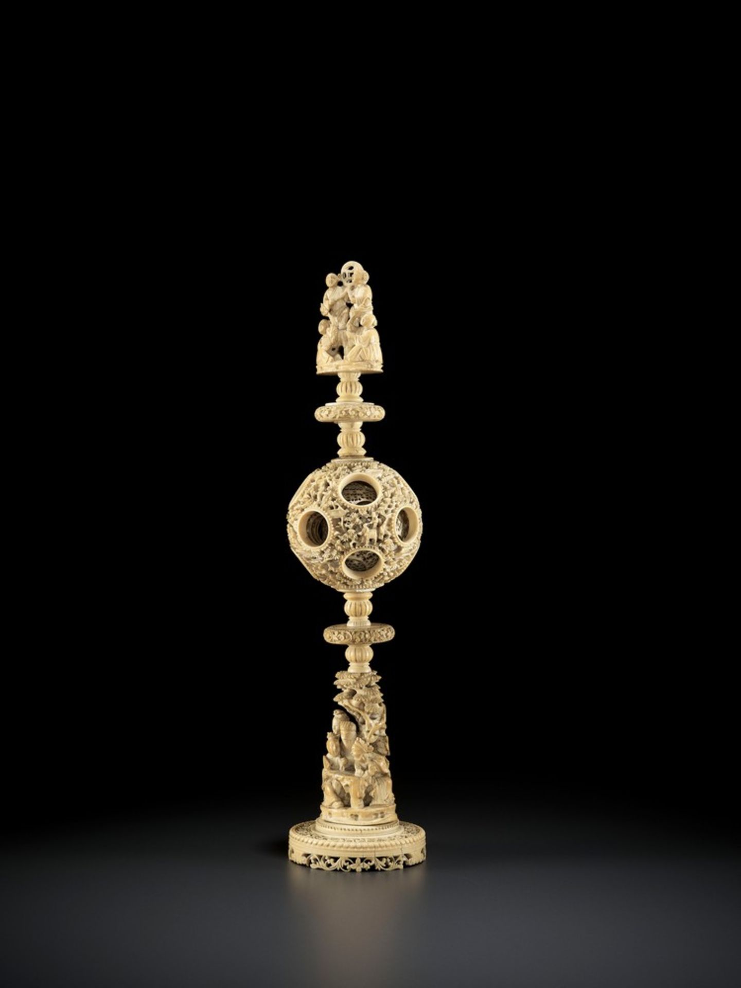 A CANTON SCHOOL 'MAGIC' IVORY BALL ON A TALL STAND, QING DYNASTY - Image 4 of 13